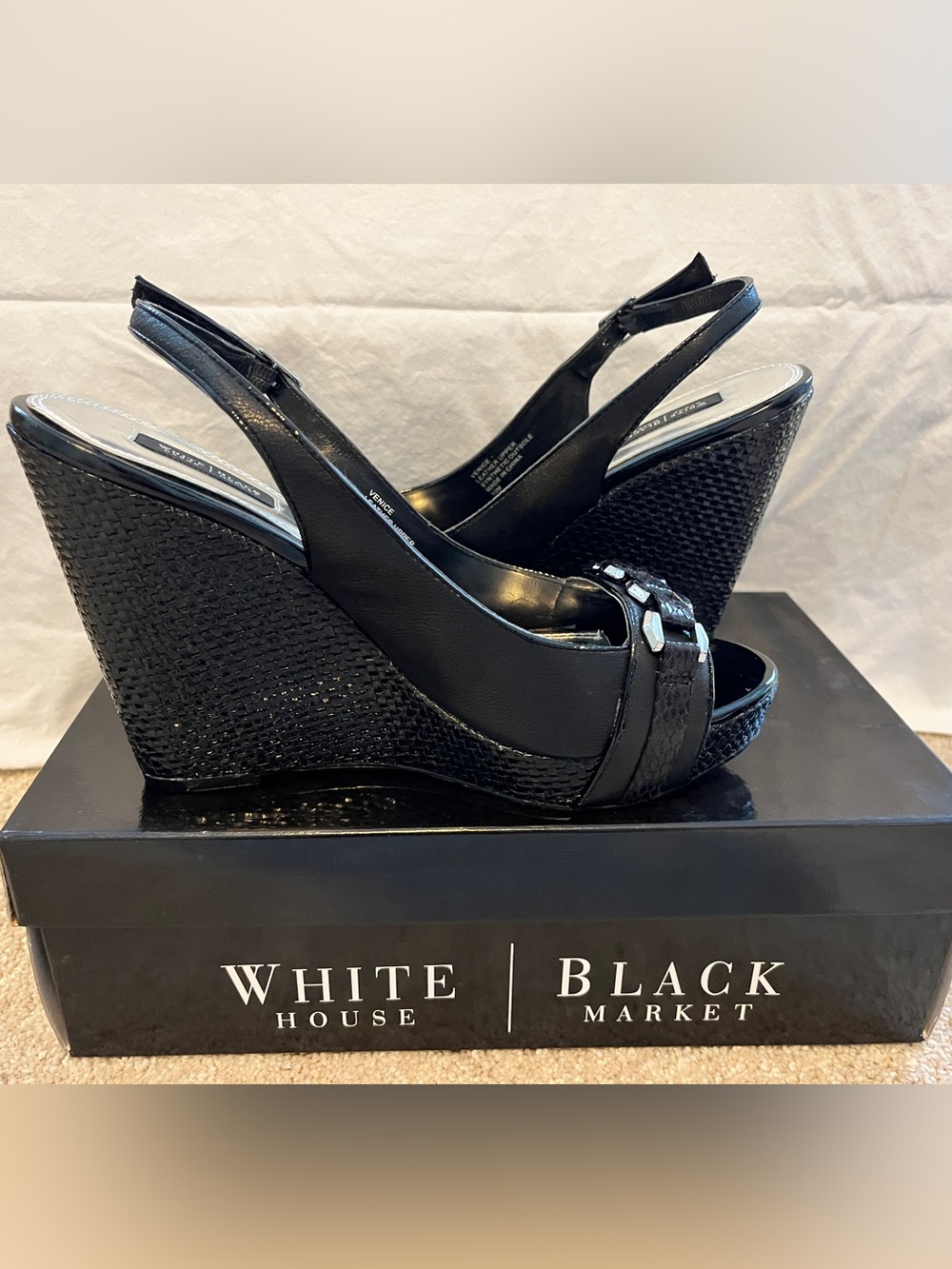 White House Black Market Venice Black Woven Wedge Slingbacks